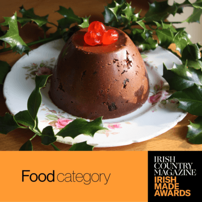 Picture of chocolate christmas pudding on a plate surrounded by holly, with a banner below saying - Food category, Irish country magazine Irish made awards