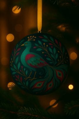 christmas bauble with a painted image of a peacock, hanging on a tree.