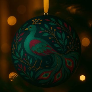 christmas bauble with a painted image of a peacock, hanging on a tree.